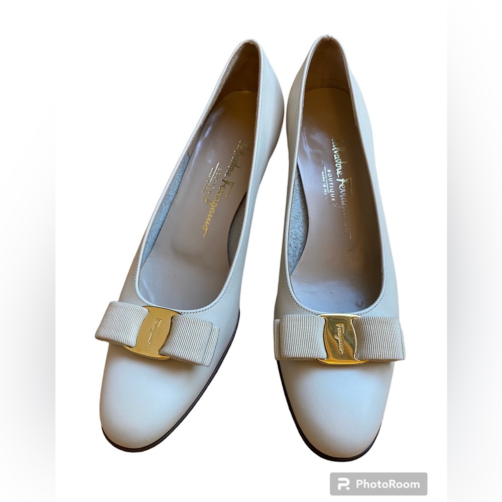 Salvatore Ferragamo Cream Pumps with Gold Buckle